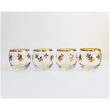 Mid Century Gold Clover Roly Poly Cocktail Glasses / Set of 4 