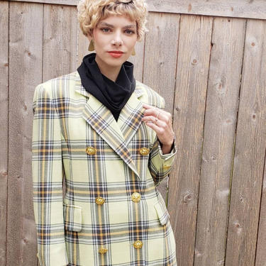 1990s Green Plaid Blazer Laurel for Escada Oversized / 90s Double Breasted Tartan Wool Jacket Gold Embossed Lion Buttons /  Myrna 