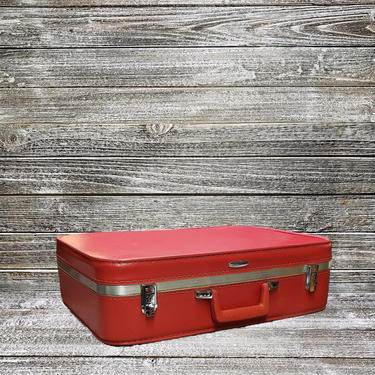 Vintage Featherlite Suitcase, Red Featherlite Luggage, Sears Red Vinyl Suitcase &amp; Matching Lining, Vintage Vacation, Vintage Luggage 
