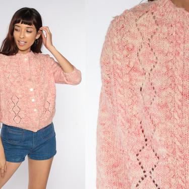 Pink Cardigan Sweater 70s Sheer Open Weave Sweater Cable Knit Bohemian Sweater Vintage Knit 1970s Grandma Cropped Sleeve Boho Small Petite 