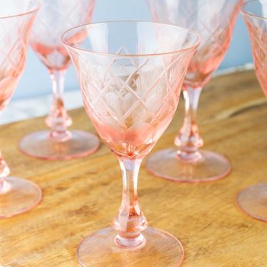 Vintage Pink Depression Etched Wine Glasses - Set of 5