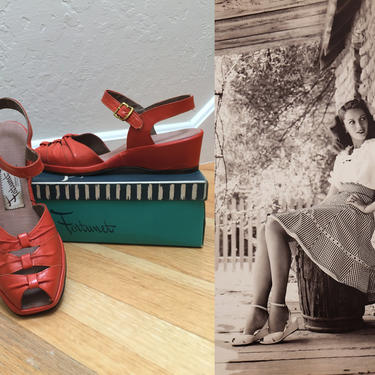 She Had Cabin Fever - Vintage 1940s NOS Orange Leather Swing Sandals Platform Shoes Heels 7AA 