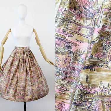 1950s John Wolfe skirt | polished cotton Asian print | small 