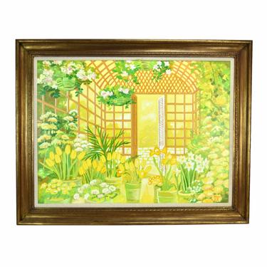 William Grimaud Impressionist Oil Painting Interior Solarium Flower Greenhouse 