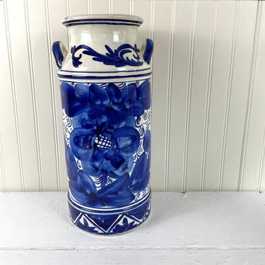 Blue and white pottery floor vase or umbrella stand - vintage made in Spain 