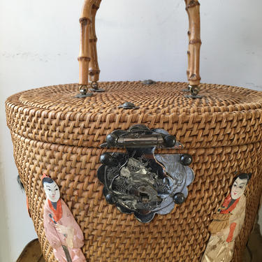 1950s basket purse, vintage 50s purse, novelty purse, Asian Ritter bag, wicker purse, round woven purse, top handle bag 