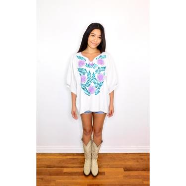 Mexican Blouse // vintage cotton boho hippie Mexican hand embroidered dress hippy tunic mini dress off white // O/S 