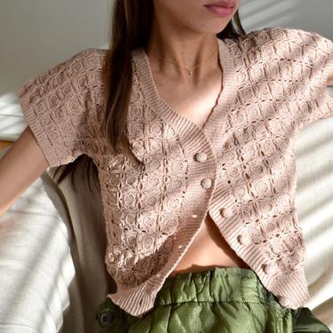 crochet knit blush cropped short sleeve cardigan top 