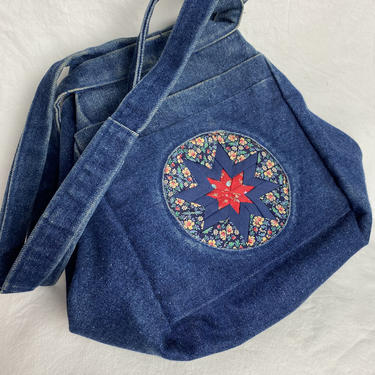 80’s denim quilted purse~ boho hippie shoulder bag/ travel tote bag~ unique design~ hand made~ multi compartments~ unusual 