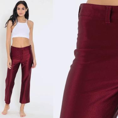 Shiny Disco Pants 31 -- 70s Trousers Burgundy High Waisted Straight Leg Party 80s Vintage Rock Glam 1970s Ankle Length Medium Short 