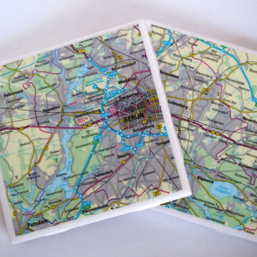 2001 Berlin Germany Handmade Repurposed Map Coasters - Ceramic Tile Coasters Set of 2 - Repurposed 2001 Oxford Atlas OOAK Drink Coasters 