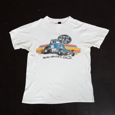 70s 80s JFK Co. Sprint Car Racing T Shirt - Men's Large, Women's XL | Vintage Distressed Sun Valley California Graphic Race Car Tee 