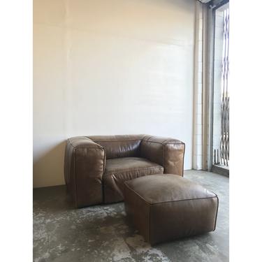 Overstuffed Leather Lounge Chair &amp; Ottoman 