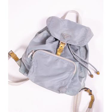Vintage PRADA Nylon Medium Baby Blue Vela Tessuto Backpack with Gold Leather Straps Unisex Powder Light Rucksack 