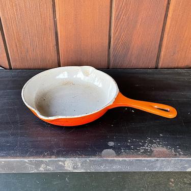 1950s Le Creuset Frying Pan Skillet Orange Sauce Vintage Mid-Century Mad Men Modern French Chef Chopped Kitchen Enameled Cast Iron 