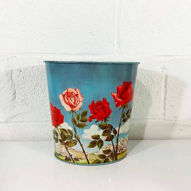 Vintage Rose Trash Can Metal Basket Waste 1950s 50s Tin Litho Cheinco MCM Chein Co Paper Flowers Floral Made in USA Boho Indie Romantic 