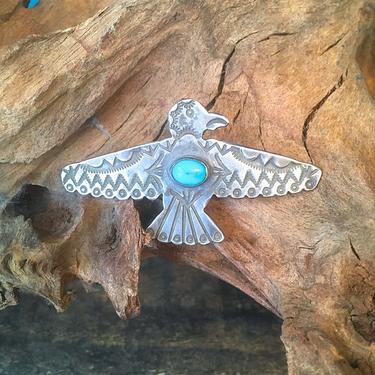 THUNDERBIRD Vintage 40s Turquoise Thunderbird Brooch | 1940s Silver and Turquoise Bird Pin | Native American Jewelry, Western, Southwest 