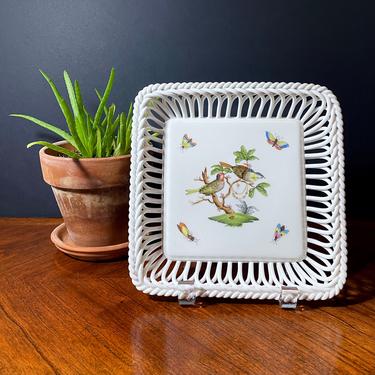 Vintage Herend Porcelain Basket, Square Tray Dish in Rothschild Bird pattern 7374/RO - Open Work Weave, Butterflies Birds Insects 