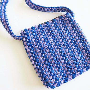 Vintage 90s 2000s Crochet Crossbody Bag - 1990s Blue Purple Small Crochet Bag - Striped Knit 90s Side Bag - Tiny Purse - 90s y2k bag 