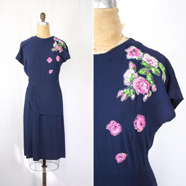 Vintage 40s dress | Vintage blue crepe rose dress | 1940s appliqué rayon crepe sheath dress 