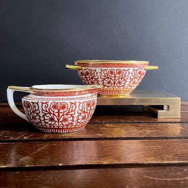 Antique Hand Painted Sugar Bowl n Creamer Cream Pitcher - Iron Red Filigree Espalier Vines n Gilt Gold on Porcelain China, Greek Key Border 