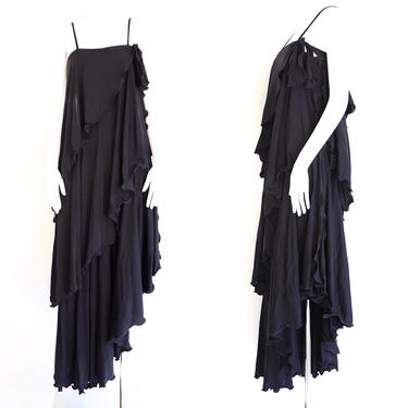 70s JOHN MARKS Anne Tyrrell black jersey dress / vintage 1970s English tiered maxi gown UK 12  6-8 