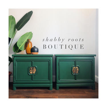 NEW! Set of vintage Mid Century Modern chinoiserie nightstands in emerald green with gold brass hardware. San Francisco, CAA by Shab