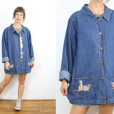 Vintage 90's Blue Denim Chore Jacket / 1990's Minimalist Cat Jacket / Jean Jacket / KITTENS / Soft Cotton / Women's Size Medium Large XL 