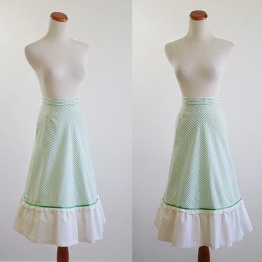 Vintage Seersucker Skirt, Handmade A Line Skirt, Green and White Skirt with Ruffle Eyelet Hem, Summer Striped Skirt, XS Small 