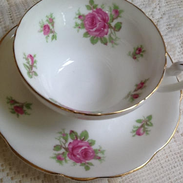 Antique Heathcote Pink Roses Tea cup and Saucer set, C 1930's English bone china 