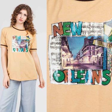 70s New Orleans Bourbon Street Graphic Ringer Tee - Large | Vintage Iron On Graphic Tourist T Shirt 