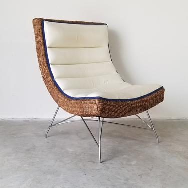 Vintage Shell Shape Woven Rush and Chrome Base Club Chair. 