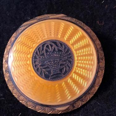 Guilloche and Enamel Powder Compact Orange and Purple with Basket of Flower Design NearPerfect