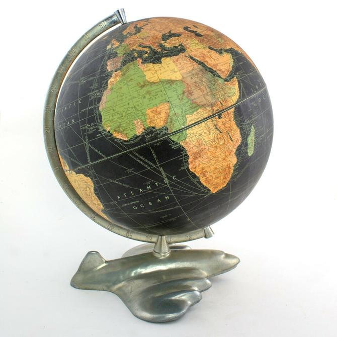 12" antique table terrestrial globe WEBER COSTELLO PLANE BASE black globe 1950