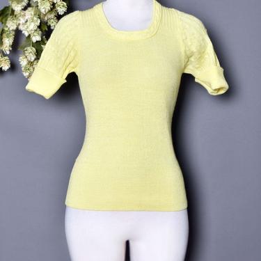 70's Yellow Fitted Vintage Sweater, Pullover, Soft Pastel Yellow, Short Sleeved, Boho, Hippie, Disco, Top, Blouse, Shirt, Ribbed Knit 1970's 
