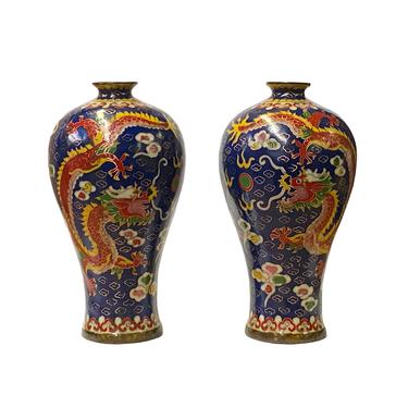 Pair Chinese Metal Blue Yellow Enamel Cloisonne Dragons Vases ws1910E 