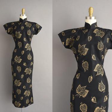 vintage 1950s dress | Gorgeous Gold Leaf Jet Black Cheongsam Wiggle Dress | Small | 50s vintage dress 