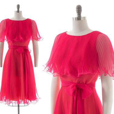 Vintage 1970s Dress | 70s MISS ELLIETTE Hot Pink Chiffon Accordion Pleated Fit and Flare Midi Bridesmaid Party Dress (small/medium) 