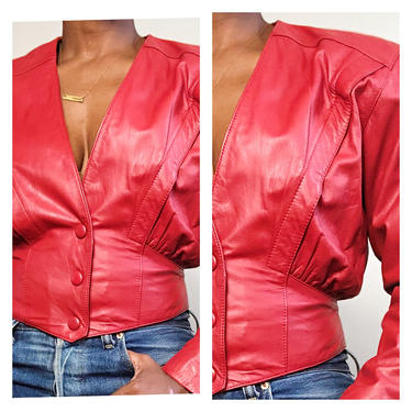 Vintage 1970s 1980s 80s Red Leather Motorcycle Cropped Moto Chia Jacket Shirt Top Deep V Corset Waist Three Button Pleat Front Medium 