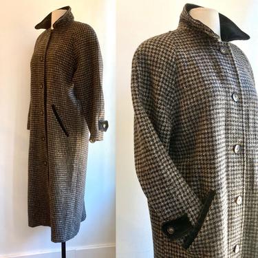 Classy Vintage 80’s LL BEAN Wool Coat / HOUNDSTOOTH + Suede Trim + Curved Wool Buttons / Long + Lean 