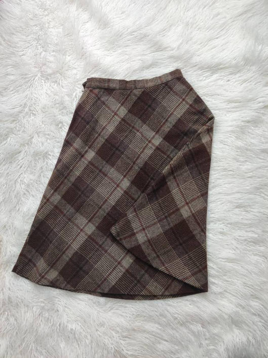 Vintage Wool Plaid Skirt // Brown A-Line Semi Circle Skirt 