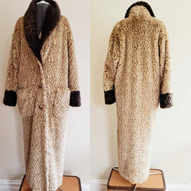 1990s Faux Fur Animal Print Coat Tasha Polizzi / 90s Brown &amp; Beige Velour Textured Oversized Coat Shawl Collar /  M to L 