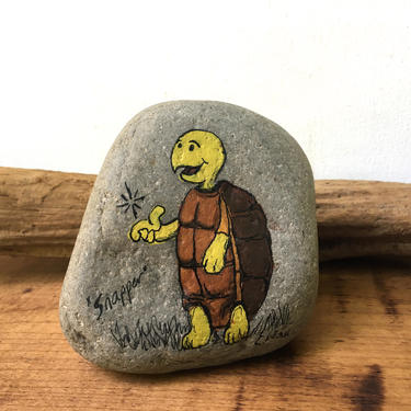 Vintage Painted Turtle Rock, Pet Rock Signed By Artist, 1970's Anthropomorphic Snapping Turtle Rock, Paper Weight 
