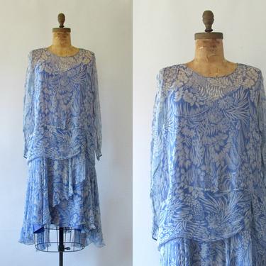 BLUE BAYOU Vintage 20s Dress | 1920s Floral Sheer Silk Crepe Chiffon | 30s 1930s Art Deco Flapper, Great Gatsby Picnic, Antique | Sz Medium 