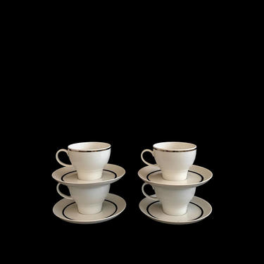 Vintage Mid Century Modern White Porcelain Demitasse Espresso SET of 4 Cups &amp; Saucers with Silver Band THOMAS of Germany Rosenthal 1970s 