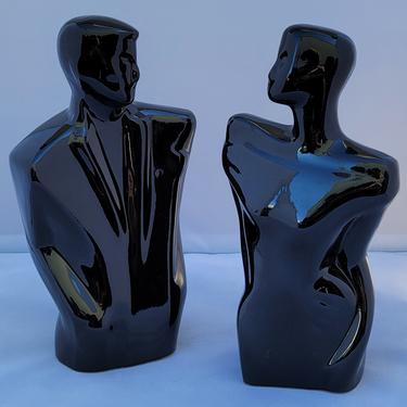 Vintage 80s Balkweill-Style Postmodern Black Ceramic Abstract Man and Woman Statues - a Pair