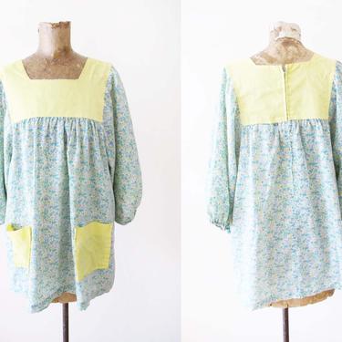 Vintage 70s Floral Tunic Blouse M - 1970s Green Yellow Liberty Calico Floral Print Trapeze Shirt - Boho 70s Cotton Wide Sleeve Shirt 