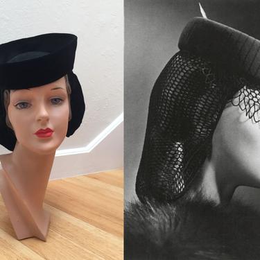 On the Advice of Counsel - Vintage WW2 1940s Black Velvet Breton Pill Box Hat w/Attached Snood 