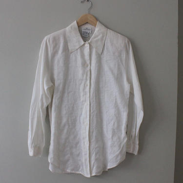 Vintage White Linen Textured Long Sleeve Button-Up Top Women's Size S M 