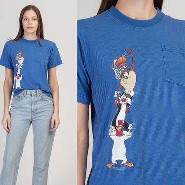 90s Looney Tunes Basketball T Shirt - Small | Vintage Blue Striped Graphic Cropped Pocket Tee 